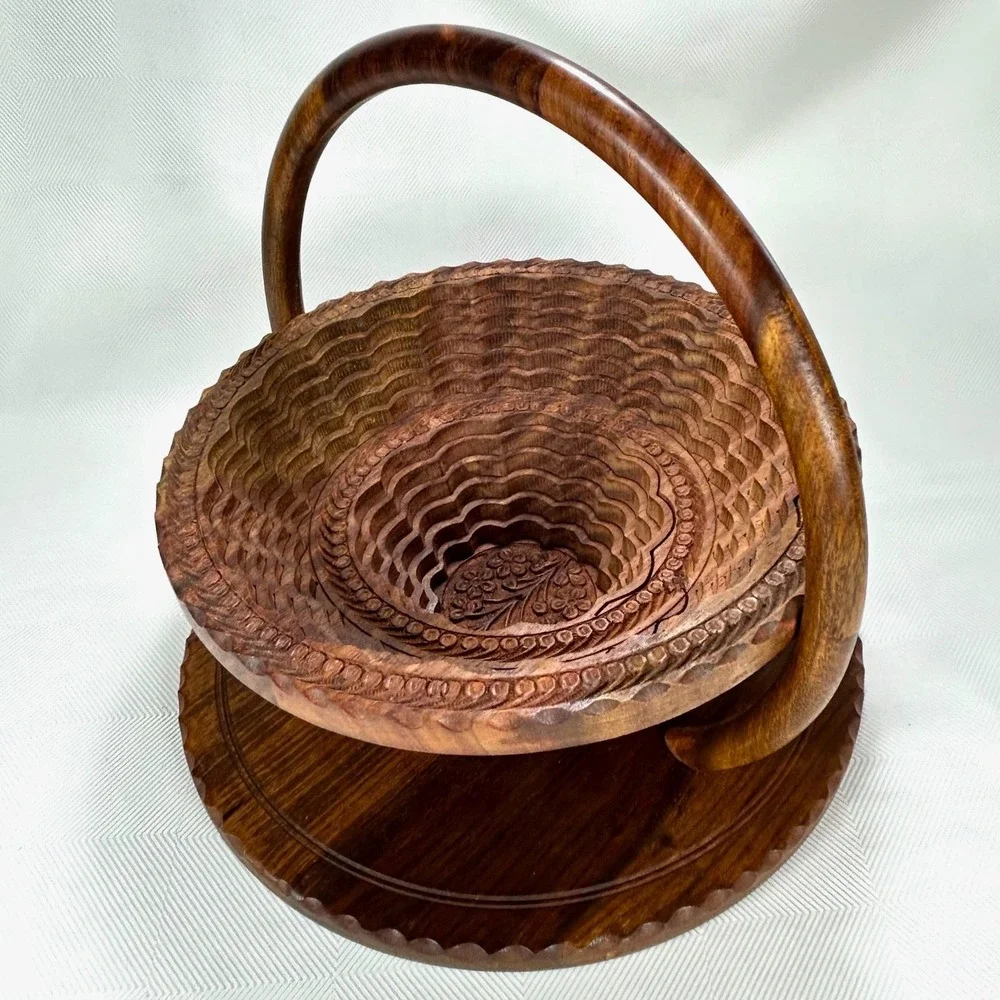 Vintage Collapsible Hand Carved Wooden Centerpiece, Basket, Rosewood Trivet